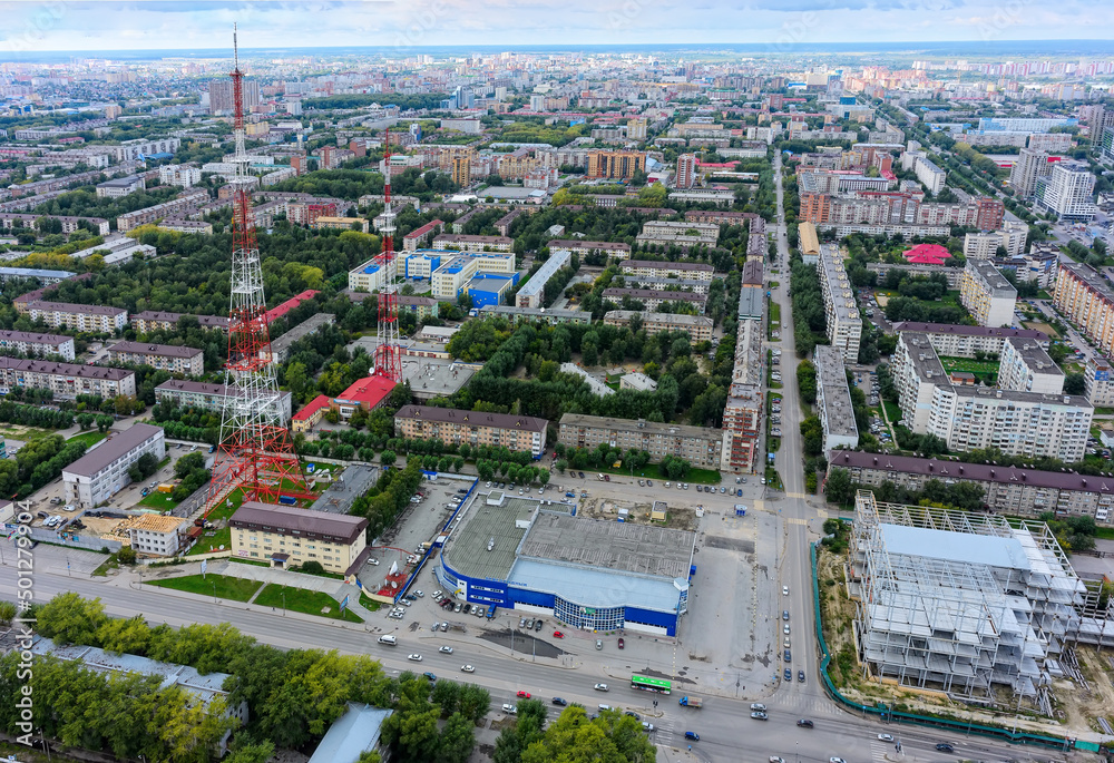 Tyumen city and two TV towers. Russia