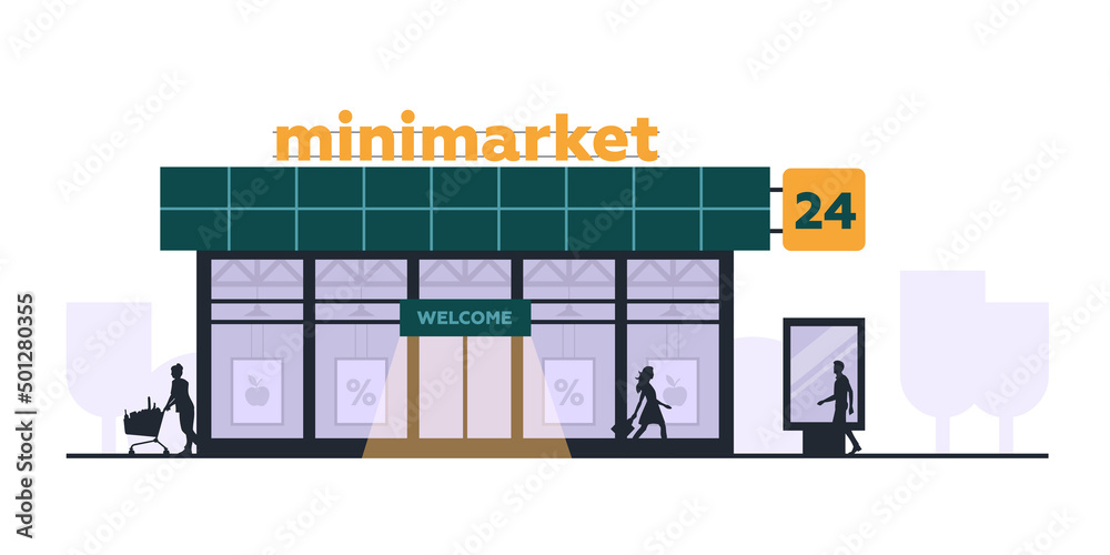 Fototapeta premium People and shopping. Shop building on the street. Minimarket. Architecture. Vector image.