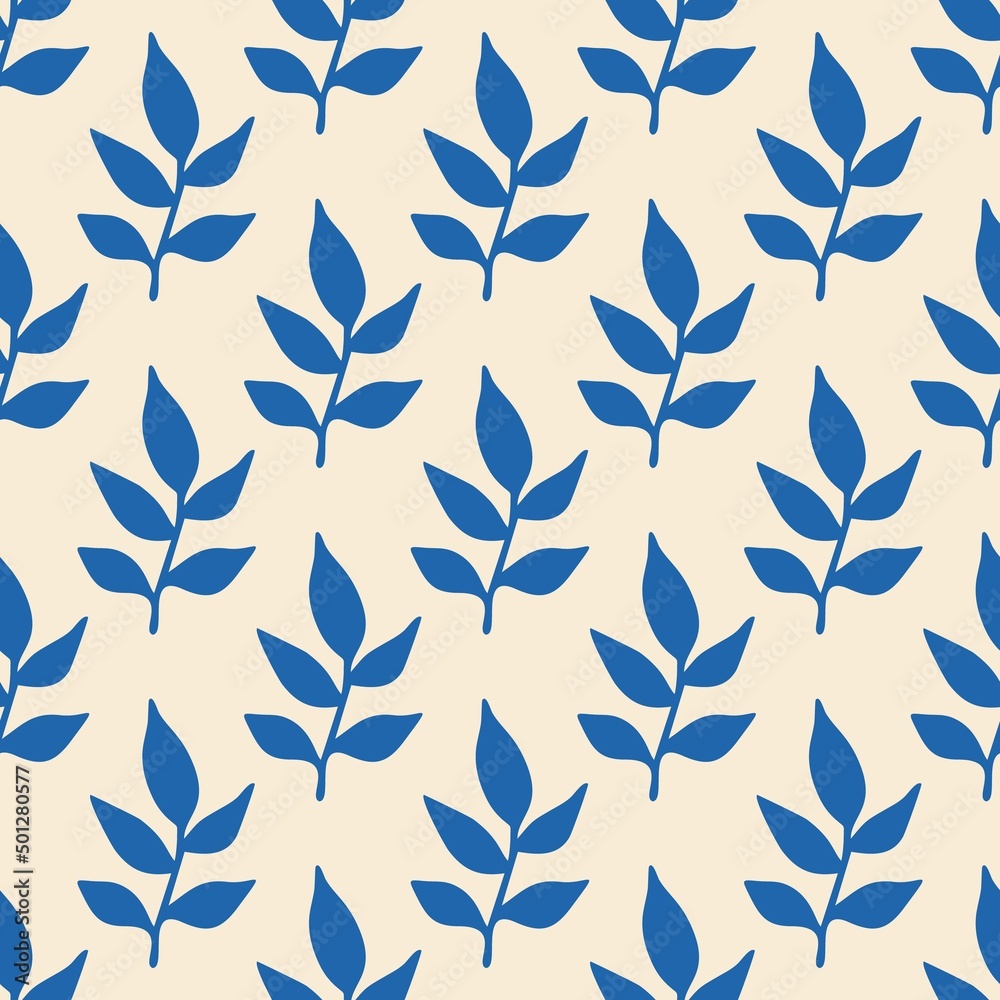 Seamless blue branches with leaves on a light background. Flat design, cartoon hand drawn, vector illustration.