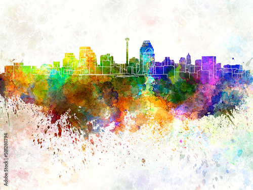 San Antonio skyline in watercolor background