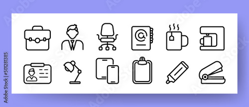 Office tools set icon. Briefcase, worker, armchair, reference book, coffee, coffee machine, badge, lamp, clipboard, smartphone, pencil, stapler. Vector line icon for Business and Advertising