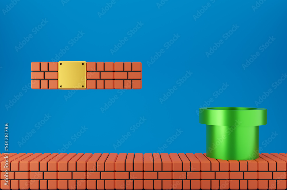 Red brick block, Green pipe và Floating Yellow Metal Box on Blue là những đối tượng quen thuộc trong trò chơi huyền thoại Super Mario. Hãy tưởng tượng mình đang điều khiển nhân vật và đến với thế giới kỳ diệu này!