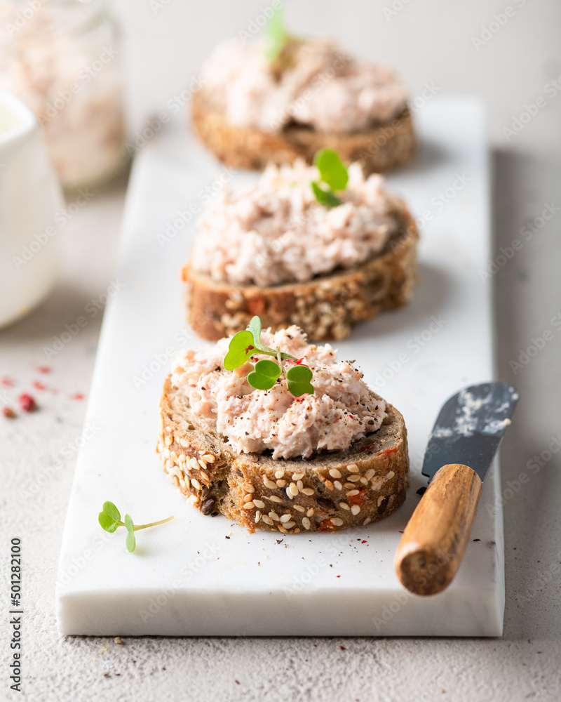 bruschetta with tuna pate, fish rillettes bruschetta with tuna pate, fish rillettes