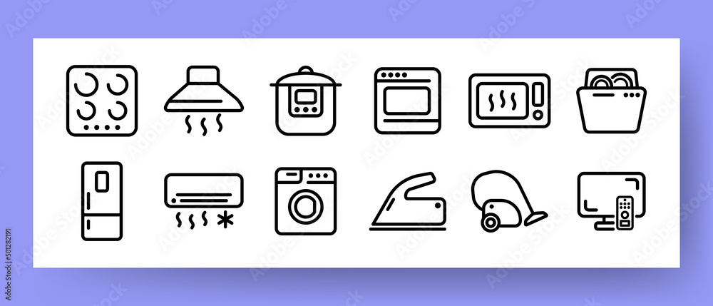 Home Appliances set icon. Stove, extractor hood, oven, multicooker, washing machine, refrigerator, air conditioner, dishwasher, microwave, iron, vacuum cleaner, TV Home Appliances set icon. Stove, extractor hood, oven, multicooker, washing machine, refrigerator, air conditioner, dishwasher, microwave, iron, vacuum cleaner, TV
