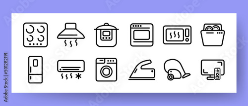 Home Appliances set icon. Stove, extractor hood, oven, multicooker, washing machine, refrigerator, air conditioner, dishwasher, microwave, iron, vacuum cleaner, TV