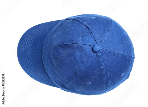 Stylish light blue baseball cap isolated on white, top view