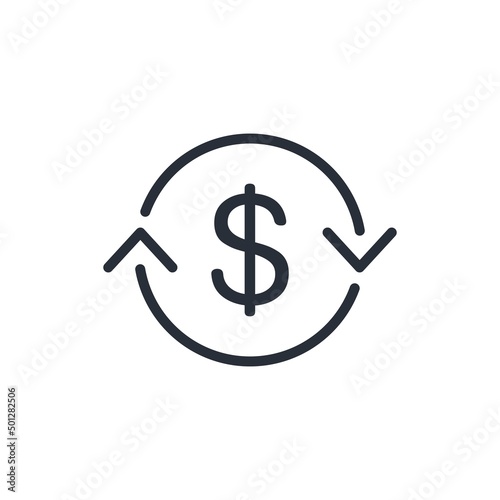 Transformation arrows and dollar. financial shift. Vector linear icon isolated on white background.