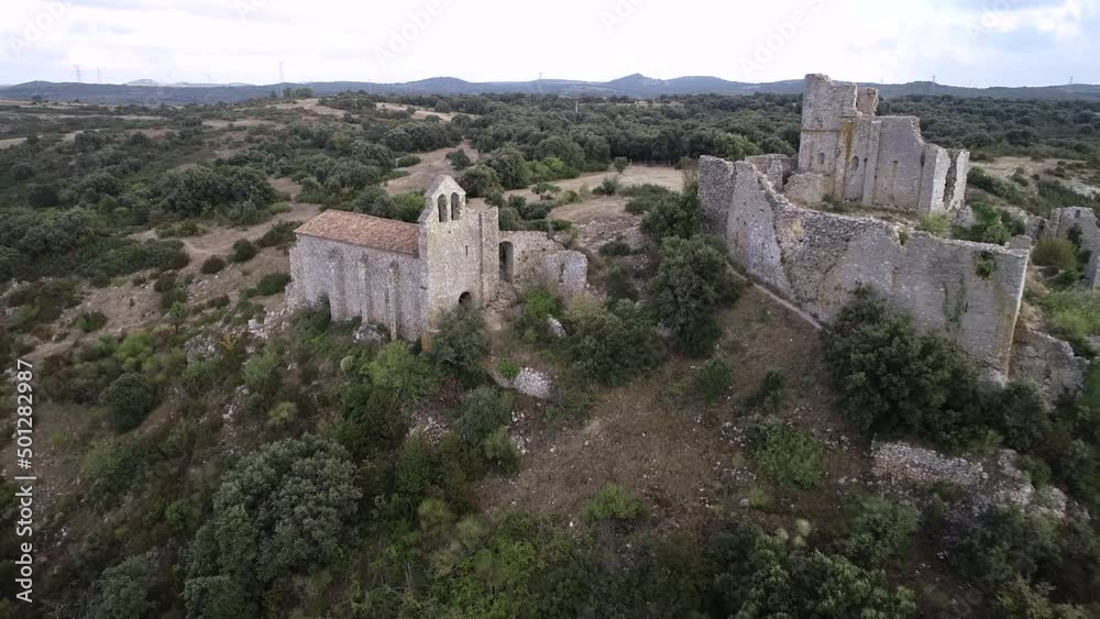 Aerial View of an abandoned and old castle Chateau d'Aumelas in South of France Aerial View of an abandoned and old castle Chateau d'Aumelas in South of France