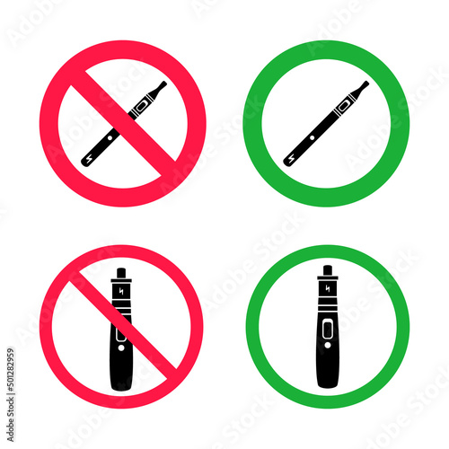 No vaping and vaping area signs. Red forbidden and green allowed circles signs icon set isolated on white background vector illustration. Vape and smoke prohibition and green access circles set.