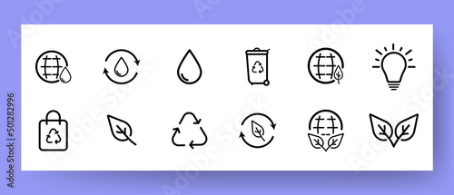 Save the planet set icon. Earth, drop, processing, garbage, bag, lamp, leaf, greenery. ECO concept. Work concept. Vector line icon for Business and Advertising