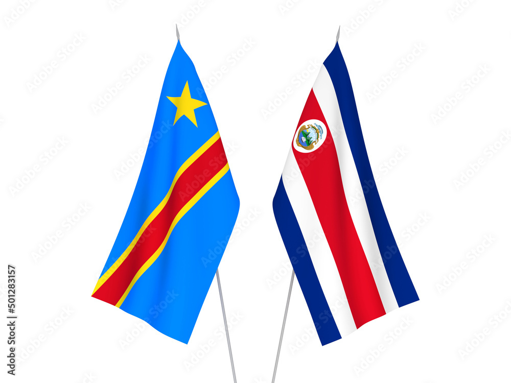 National fabric flags of Democratic Republic of the Congo and Republic of Costa Rica isolated on white background. 3d rendering illustration.