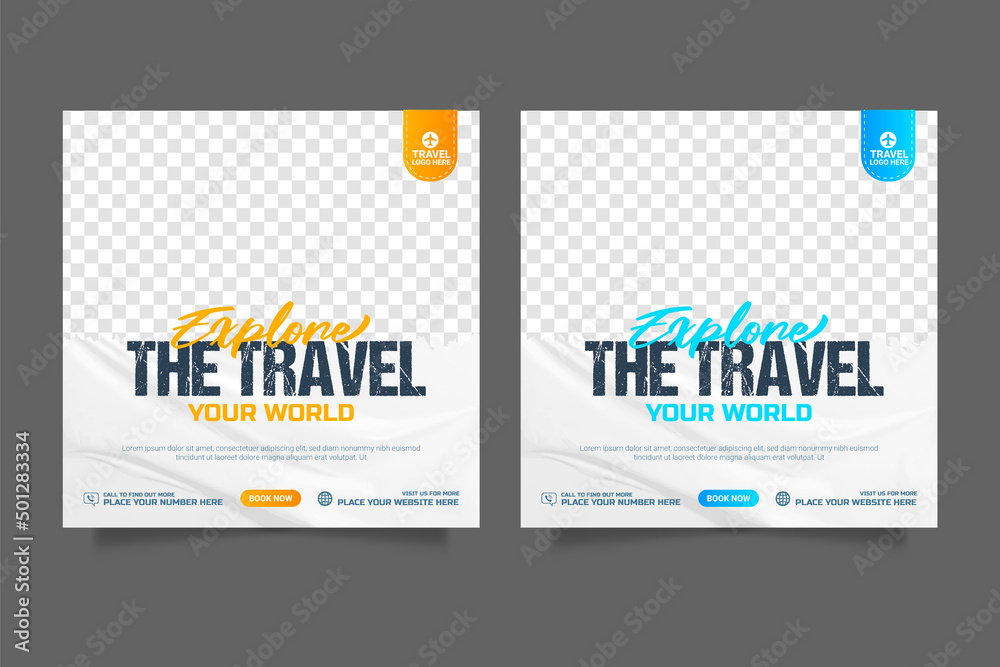 Travelling social media post banner template, Web banner, flyer or poster design for travelling agency business offer promotion.