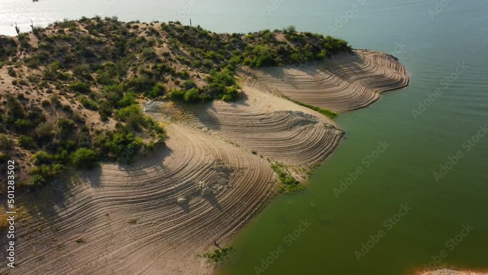 Stunning 4k Drone shot of Arizona Mountains, Beaches, Cacti at the Lake