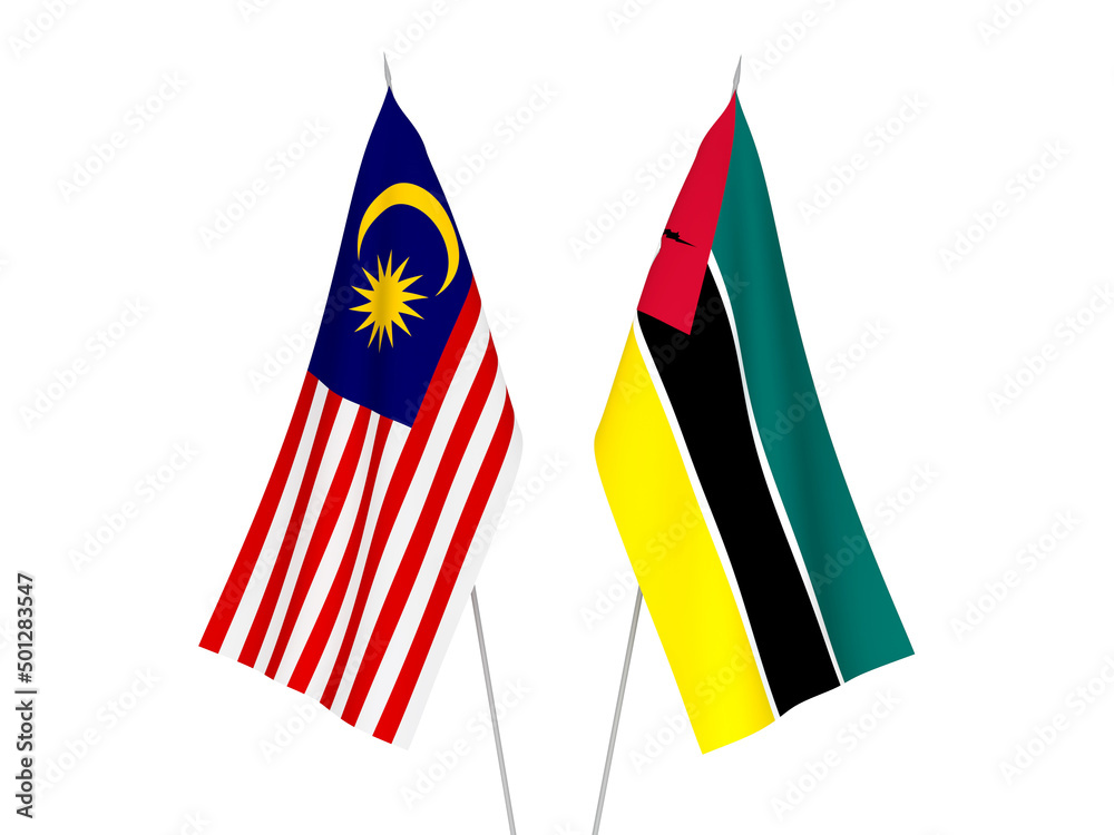 National fabric flags of Malaysia and Republic of Mozambique isolated on white background. 3d rendering illustration.