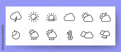 Weather set icon. Thunderstorm, sun at zenith and horizon, cloudy, temperature, rain, moon, etc. Sky concept. Vector line icon for Business and Advertising