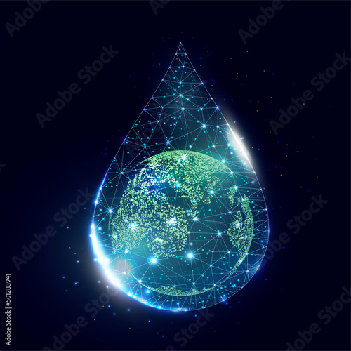Planet Earth in water drop. World water day, Protection environmental, Ecology concept. Wireframe low poly style, isolated on dark blue background. Vector illustration