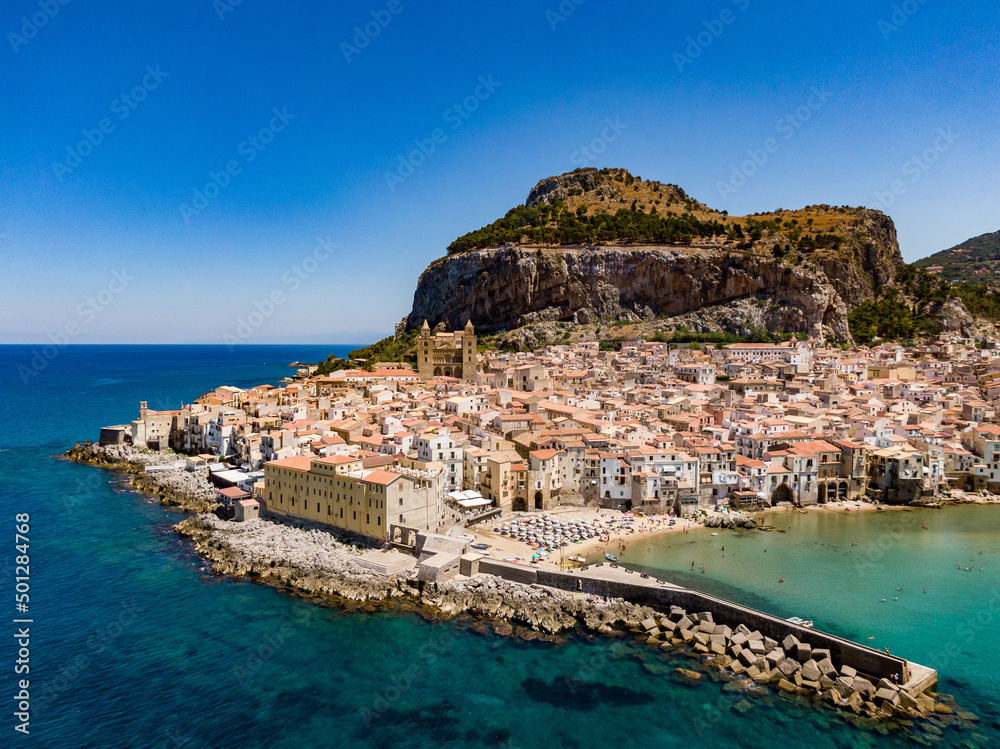 Cefalù, Sicily, Italy. Aerial drone view. - obrazy, fototapety, plakaty 