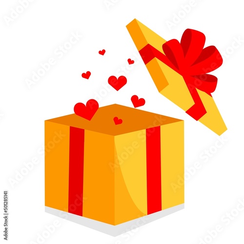 gift box with red hearts. yellow gift box isolated on white. surprise red gift box, birthday celebration, special give away package, loyalty program reward, wonder gift.