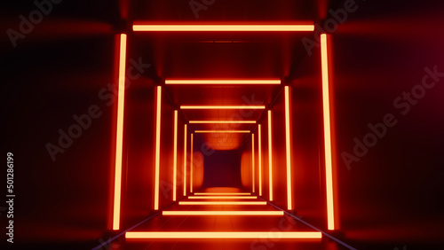 Fototapeta Naklejka Na Ścianę i Meble -  3d render of flash neon and light glowing on dark scene. Speed light tunnel through the city or urban. Technology internet of future network. Sci fiction of hyperspace interstellar travel.