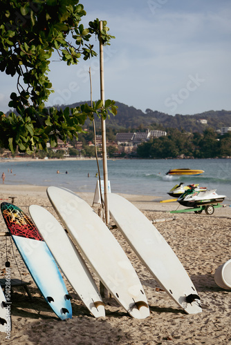 Surfboards setting  under coconut palms beach seaside. Landscape surfing sea island travel trips weekend summer.