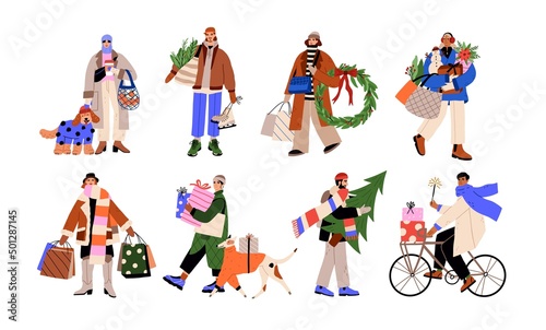 People going with gift, bag, Xmas tree after winter shopping, preparing for Christmas holidays. Happy men, women in wintertime outdoors. Flat graphic vector illustrations isolated on white background © Good Studio