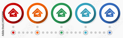Cctv camera concept vector icon set, infographic template, flat design circle colorful web buttons in 5 color options