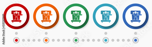 Coffee machine concept vector icon set, infographic template, flat design circle colorful web buttons in 5 color options