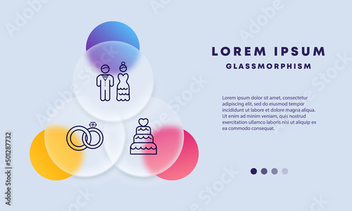 Wedding set icon. Bride and groom, suit, dress, wedding rings, wedding cake. Marriage concept. Glassmorphism style. Vector line icon for Business and Advertising
