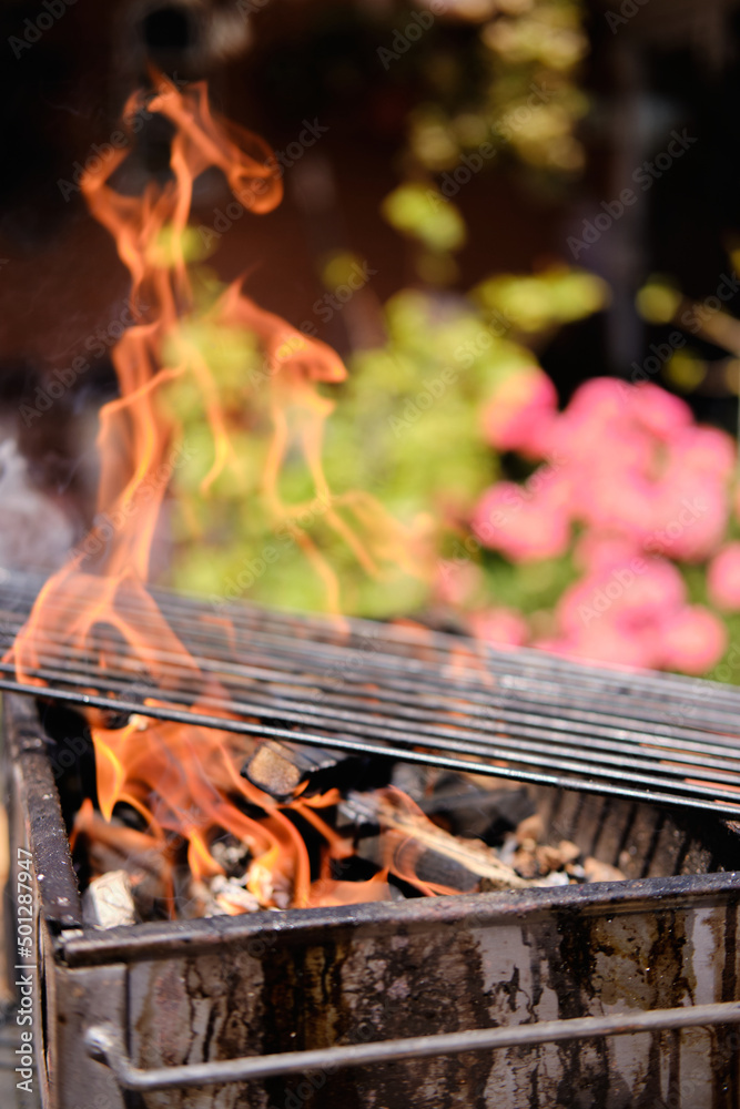 Barbecue Grill with Fire on Open Air. Detail of Fire flames.Vertical Shot. Barbecue Grill with Fire on Open Air. Detail of Fire flames.Vertical Shot.
