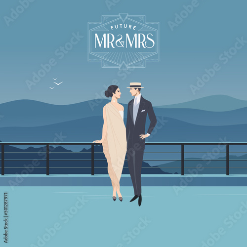 Man and Woman in Vintage Outfit standing on a Bridge. Mountain Landscape Background. Wedding and Romance Concept 