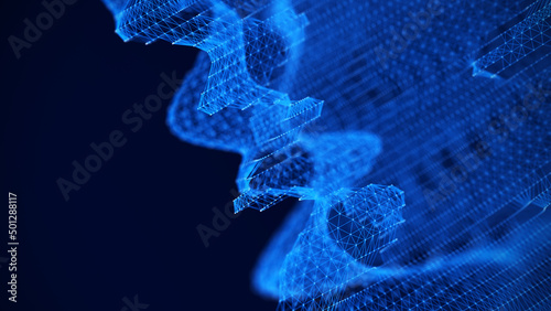 Connecting dots and lines on a dark background. Abstract background. Futuristic background of points and lines with a dynamic wave. Big data. 3d rendering.
