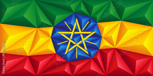 Abstract polygonal background in the form of colorful green, yellow and red stripes of the Ethiopian flag. Ethiopian polygonal flag.