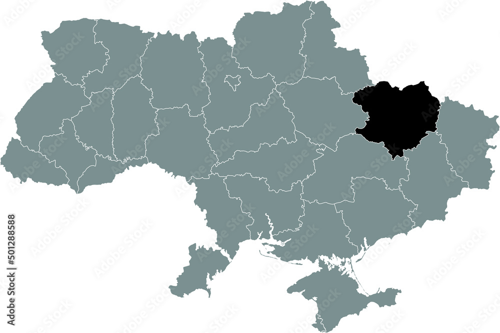 Black flat blank highlighted locator map of the Ukrainian administrative area of KHARKIV OBLAST inside gray flat map of UKRAINE