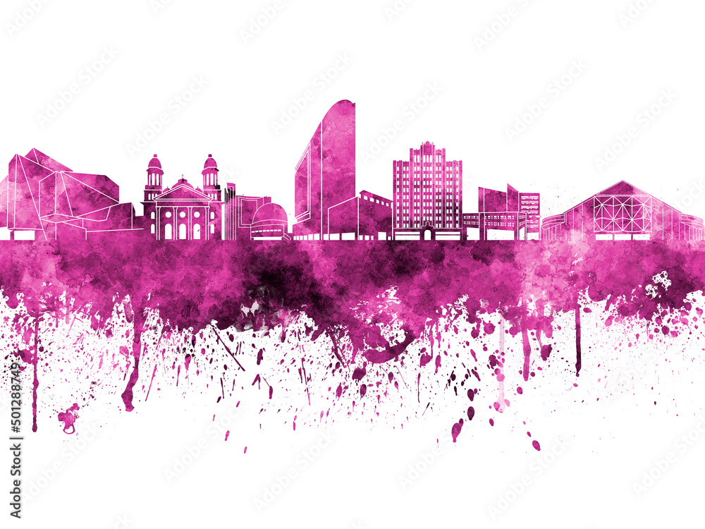 San Jose skyline in pink watercolor on white background