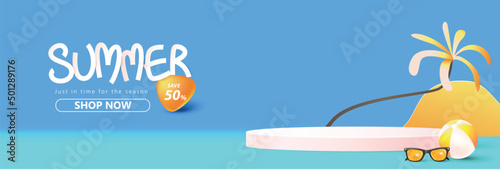 Summer sale banner template for promotion with product display cylindrical shape and beach background