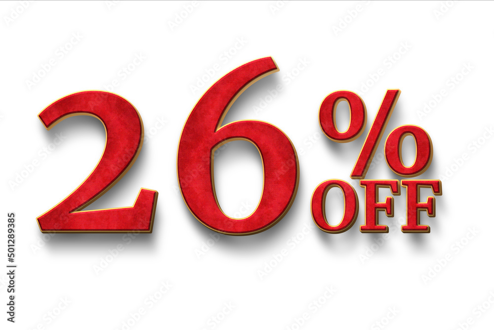 Twenty six percent off. Discount 26 %. 3D illustration on white background. Twenty six percent off. Discount 26 %. 3D illustration on white background.