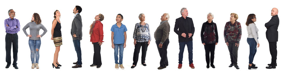 group of people looking up on white background