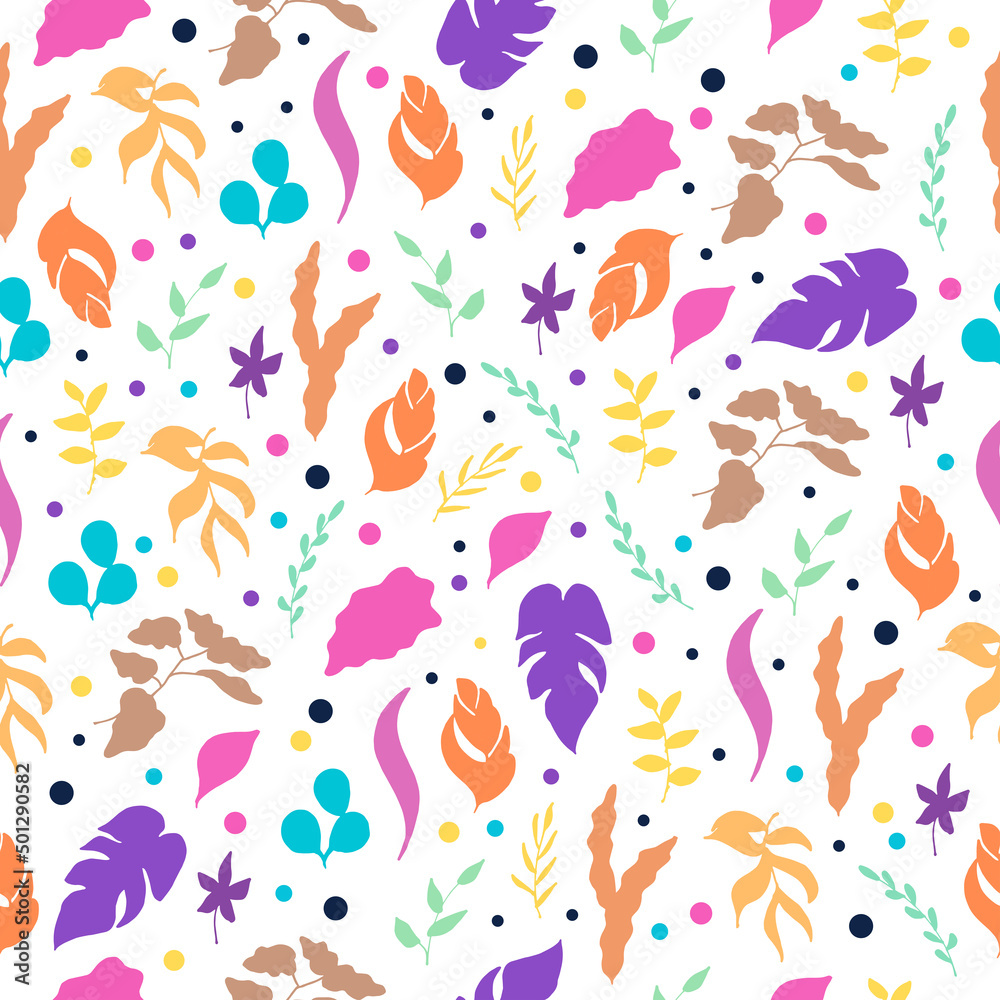 colorful leaves illustration with dot on white background. hand drawn vector. seamless pattern with foliage icon. retro color. wallpaper, fabric, textile, wrapping paper and gift, backdrop, scrapbook.