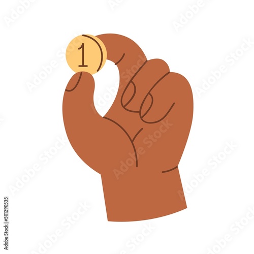 Hand holding one penny coin, squeezed between fingers. Gold money, cash in arm icon. Dollar cent, change. Finance, economy concept. Colored flat vector illustration isolated on white background