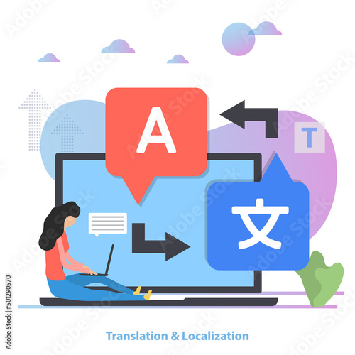 Translation online service vector concept. Woman with laptop translate a text flat illustration.