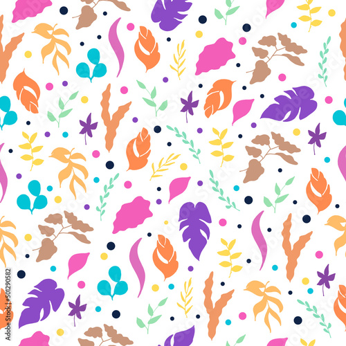 colorful leaves illustration with dot on white background. hand drawn vector. seamless pattern with foliage icon. retro color. wallpaper, fabric, textile, wrapping paper and gift, backdrop, scrapbook.