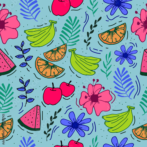 fresh summer background. seamless pattern with leaves, apple, lemon, banana, watermelon fruits and flower illustration on blue background. hand drawn vector. wallpaper, fabric, textile, wrapping paper