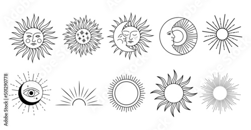 Black sun icons set. Celestial symbol isolated on a white background.