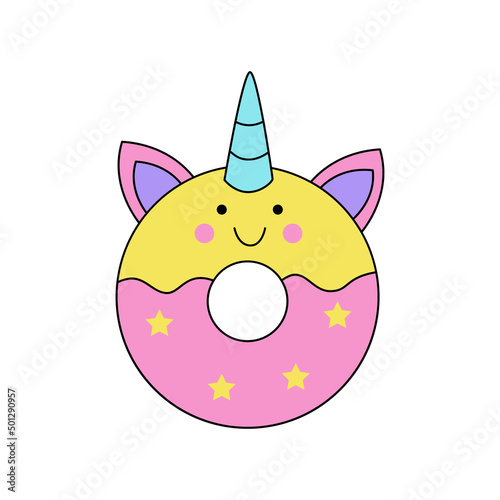 Vector illustration of cute unicorn doughnut isolated on white background.