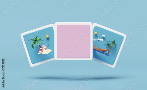 3D social media or communication online platform with lifebuoy, water splash, palm, play icons, photo frame isolated on blue background. summer travel, minimal template concept, 3d render illustration