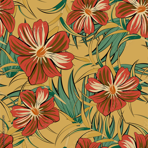 Summer seamless background with Cosmos wildflowers and grass. Pattern for printing on the material, advertising booklets. Stylized as a watercolor.