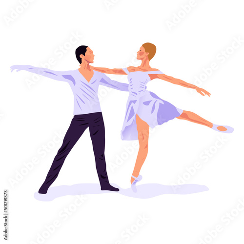Vector illustration of a pair of ballet dancers in flat style. Beautiful and graceful pair dancing on a dance stand. 