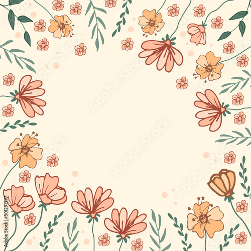 beautiful pink floral frame. hand drawn vector. seamless pattern with flowers and leaves illustration on pink background. paster color, hand drawn vector. wallpaper, poster, greeting card, wedding. 
