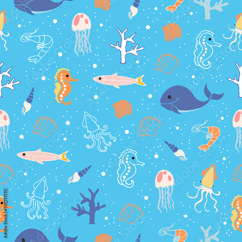 cute marine background. seamless pattern with sea animal icon on blue background. coral, seahorse, whale, shrim, seashell, jellyfish and octopus illustration. wallpaper, kids fashion, fabric, wrapping
