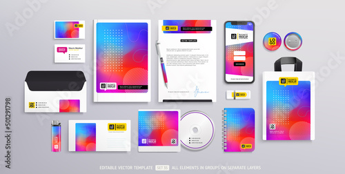 Business Stationery Brand Identity Mockup set with trendy abstract gradient background. Office stationary items mockup set  -  editable vector template. Company corporate style design